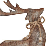 Close-up of Hill Interiors White Wash Wooden Reindeer Decoration in brown, showing carved antlers, head and jute bow with wooden beads around the neck.