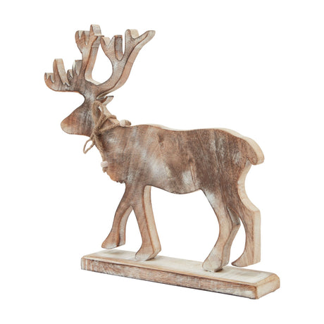 Hill Interiors White Wash Wooden Stag Decoration in brown with carved antlers, whitewashed grain and rectangular base, shown on a white background.