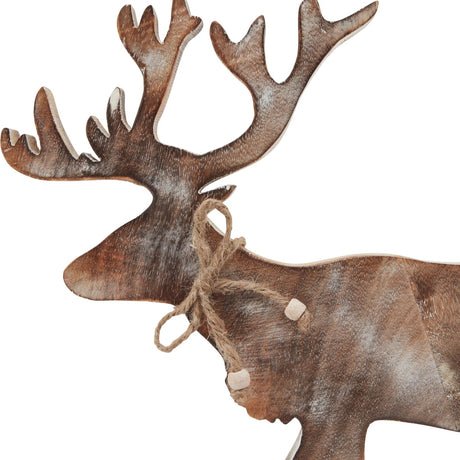 Close-up of Hill Interiors White Wash Wooden Stag Decoration in brown, showing carved antlers, whitewashed grain and a jute bow at the neck.
