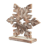 Hill Interiors white wash wooden snowflake decoration in brown, a carved six-point design on a rectangular base, shown against a plain white background.
