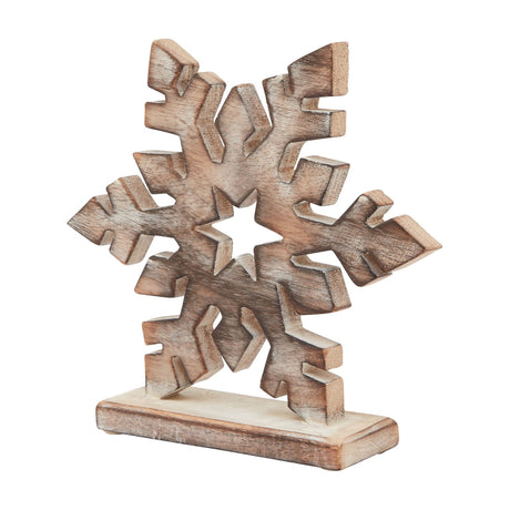Hill Interiors white wash wooden snowflake decoration in brown, a carved six-point design on a rectangular base, shown against a plain white background.