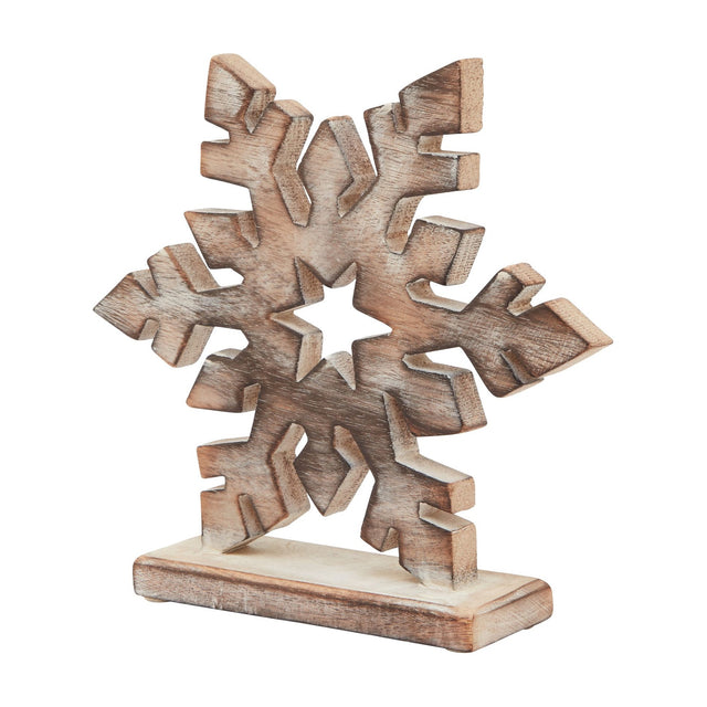 Hill Interiors white wash wooden snowflake decoration in brown, a carved six-point design on a rectangular base, shown against a plain white background.