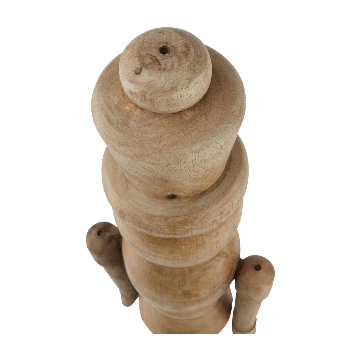 Top-down view of the Hill Interiors large wooden nutcracker decoration in beige, showing the turned cap, shoulders and arms against a white background.
