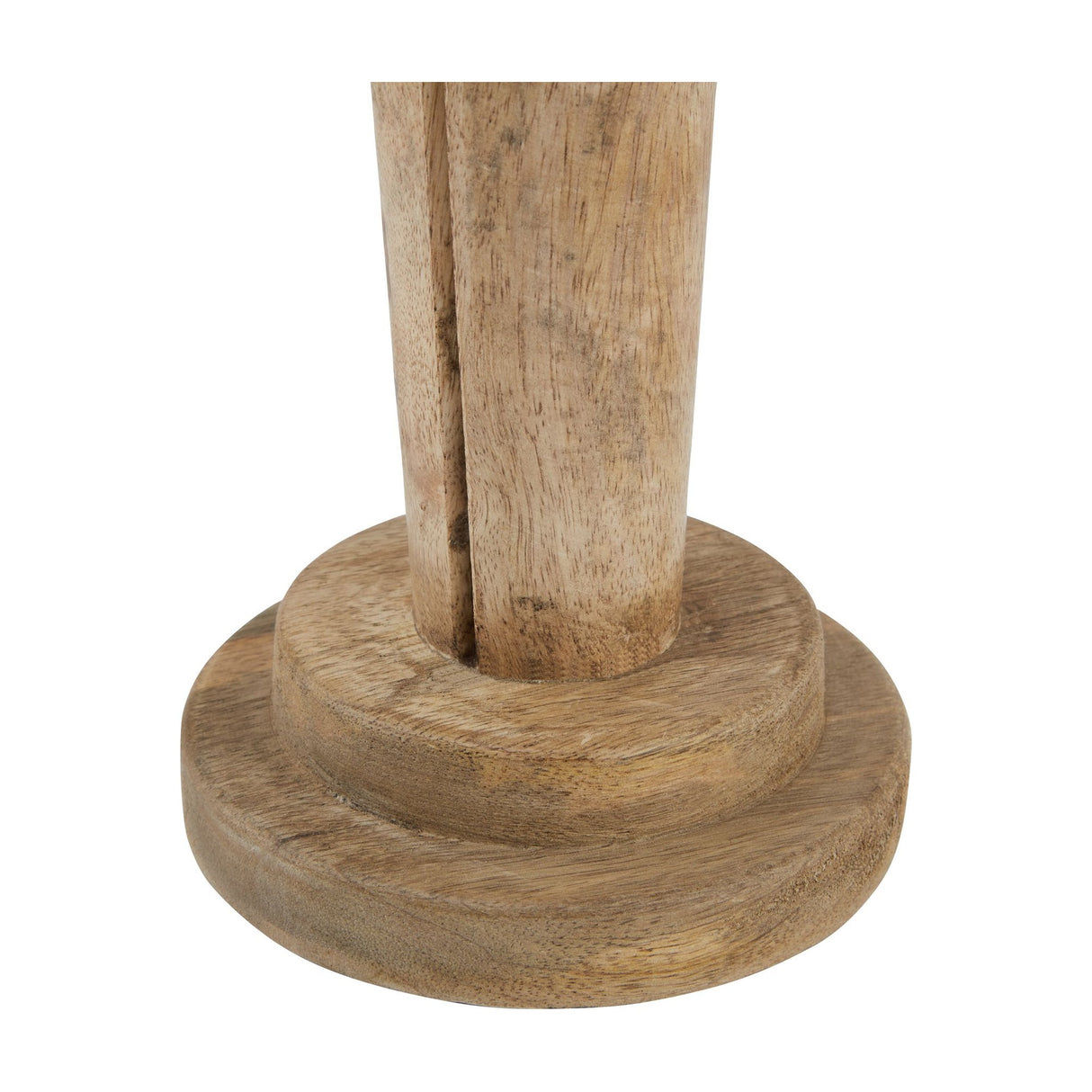 Close-up of the tiered round wooden base on the Hill Interiors Large Wooden Nutcracker Decoration in beige, showing natural grain against a white background.