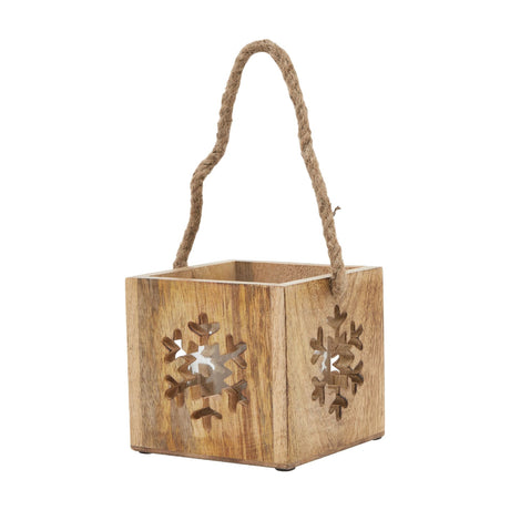 Hill Interiors wooden snowflake tealight candle holder in natural beige, with cut-out snowflake sides, glass insert and jute rope handle, on a white background.