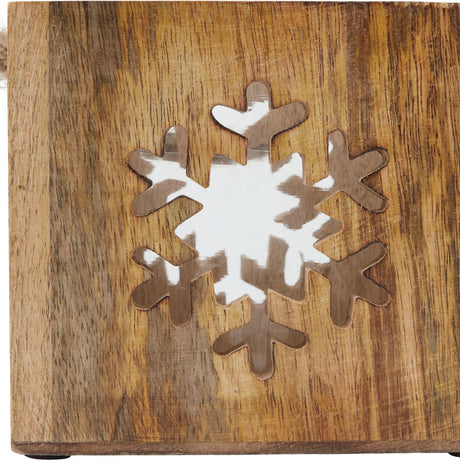 Close-up of Hill Interiors Wooden Snowflake Tealight Candle Holder in brown, showing the carved snowflake cut-out and visible wood grain.