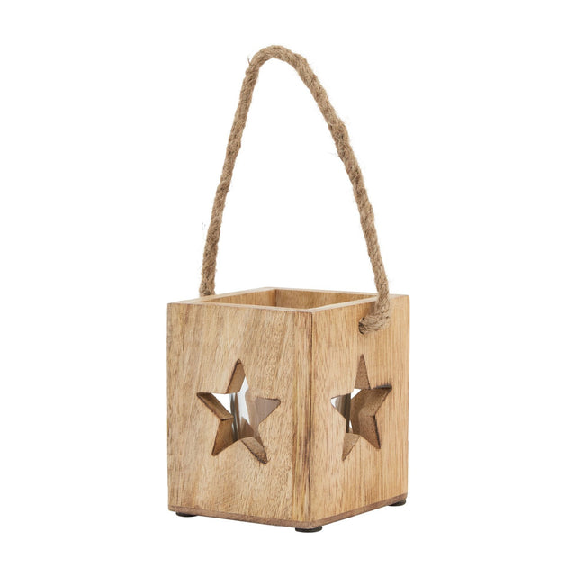 Hill Interiors Wooden Star Tealight Candle Holder in brown with cut-out star sides, glass insert and jute rope handle on a white background.