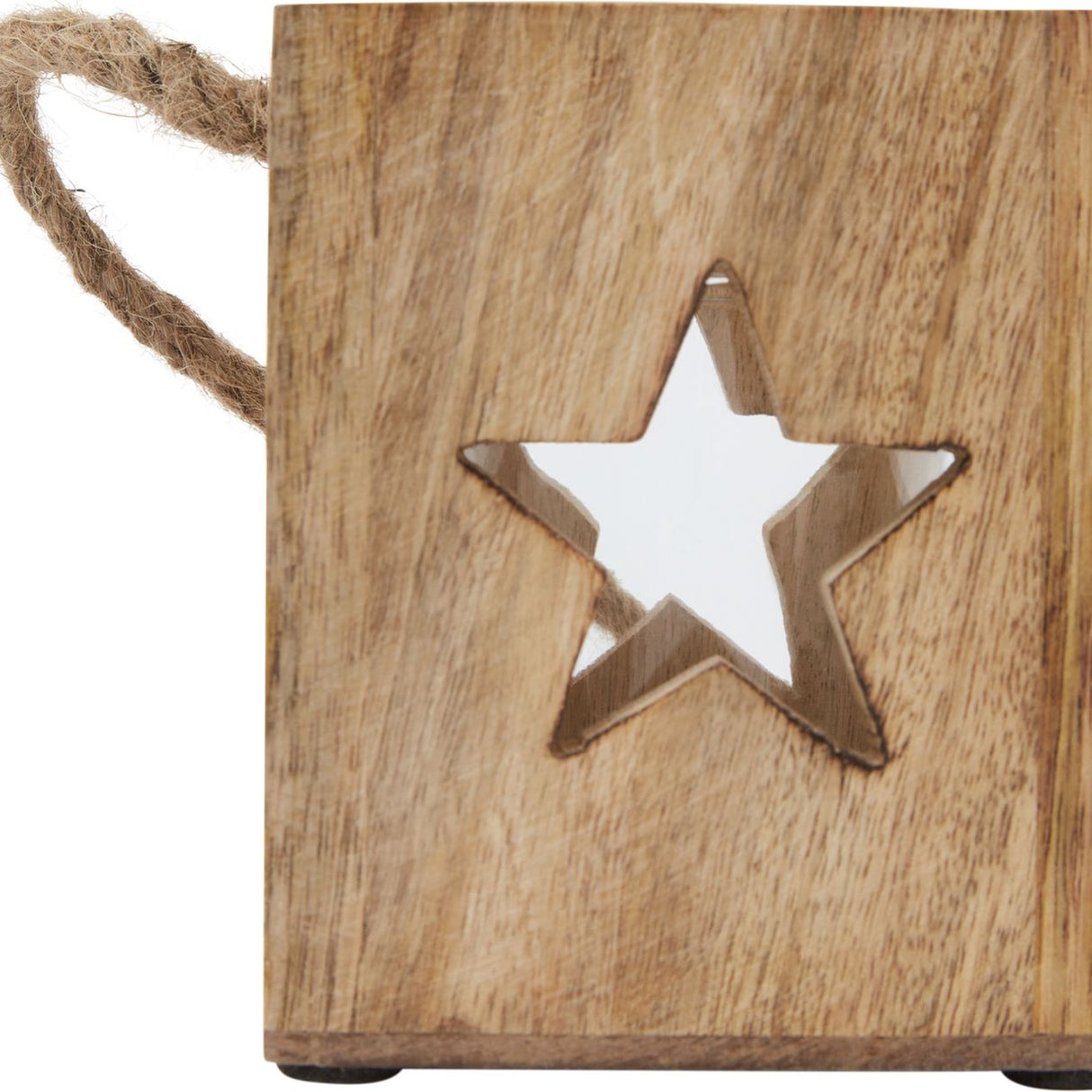 Hill Interiors wooden star tealight candle holder in brown with a five-point star cut-out and jute rope handle, shown on a white background.