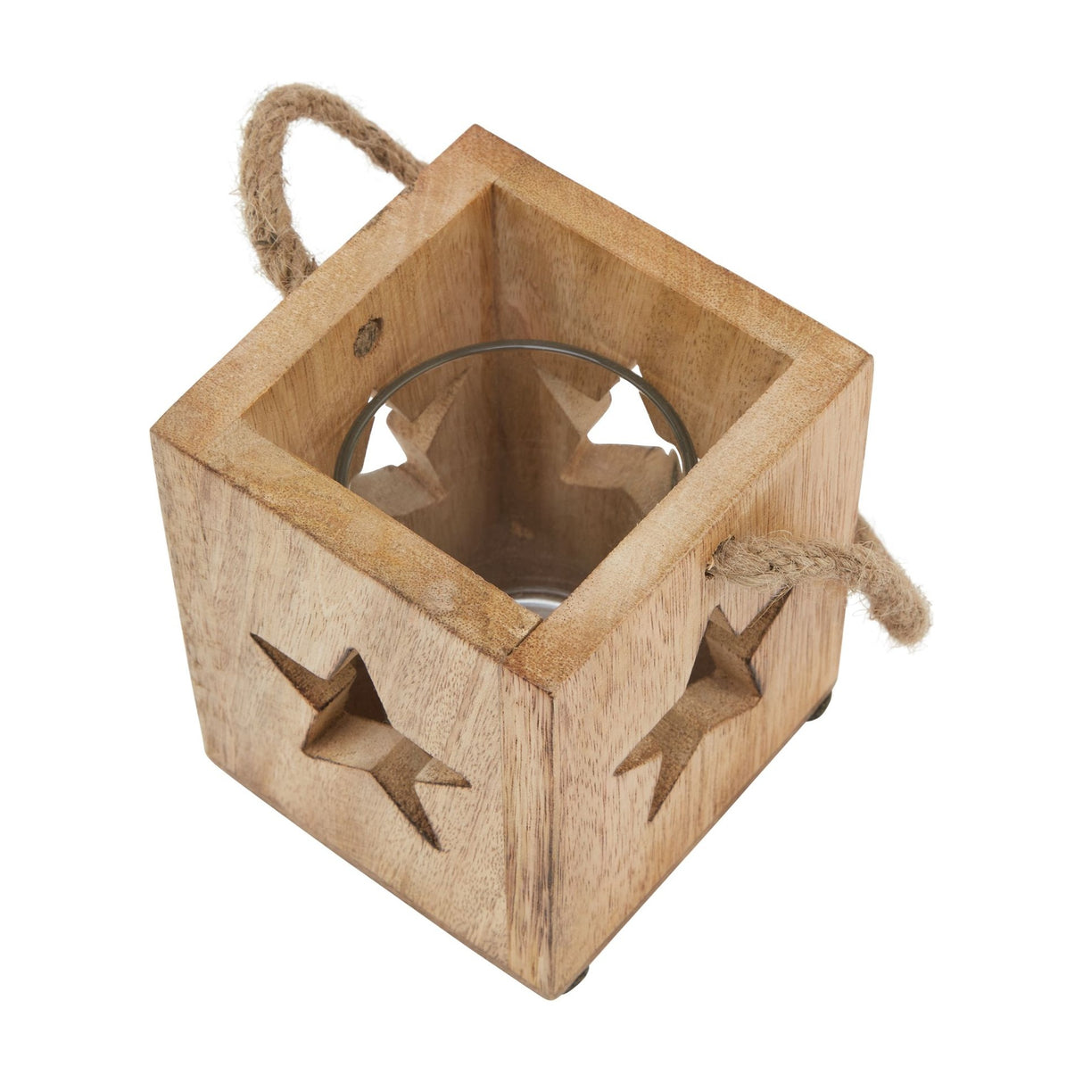Hill Interiors wooden star tealight candle holder in beige with cut-out star motifs, glass insert and jute rope handle, shown from above on white.
