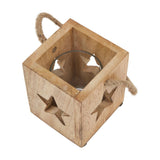 Hill Interiors wooden star tealight candle holder in beige with cut-out star motifs, glass insert and jute rope handle, shown from above on white.