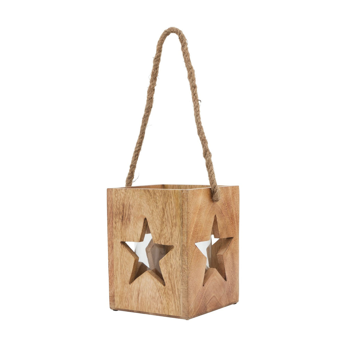 Hill Interiors wooden tealight candle holder in brown with star cut-outs on each side and a jute rope handle, shown against a plain white background.