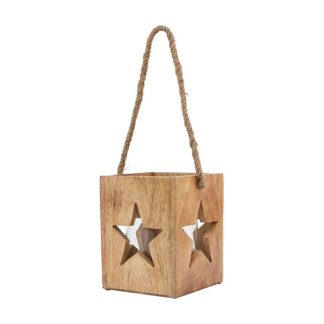 Hill Interiors wooden tealight candle holder in brown with star cut-outs on each side and a jute rope handle, shown against a plain white background.