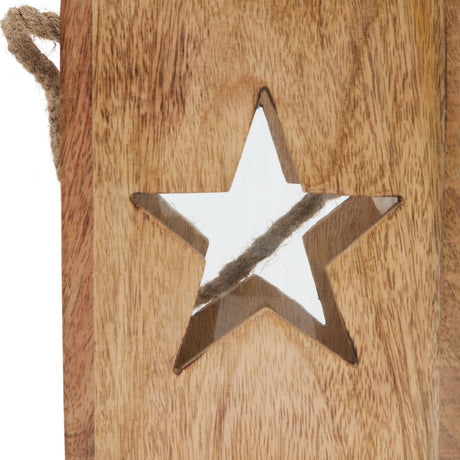 Close-up of Hill Interiors Wooden Star Tealight Candle Holder showing the cut-out star shape in beige timber with a jute rope handle.