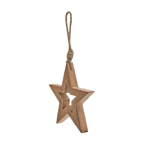 Hill Interiors Natural Wooden Hanging Star in beige with cut-out centre and jute cord loop, shown against a plain white background.
