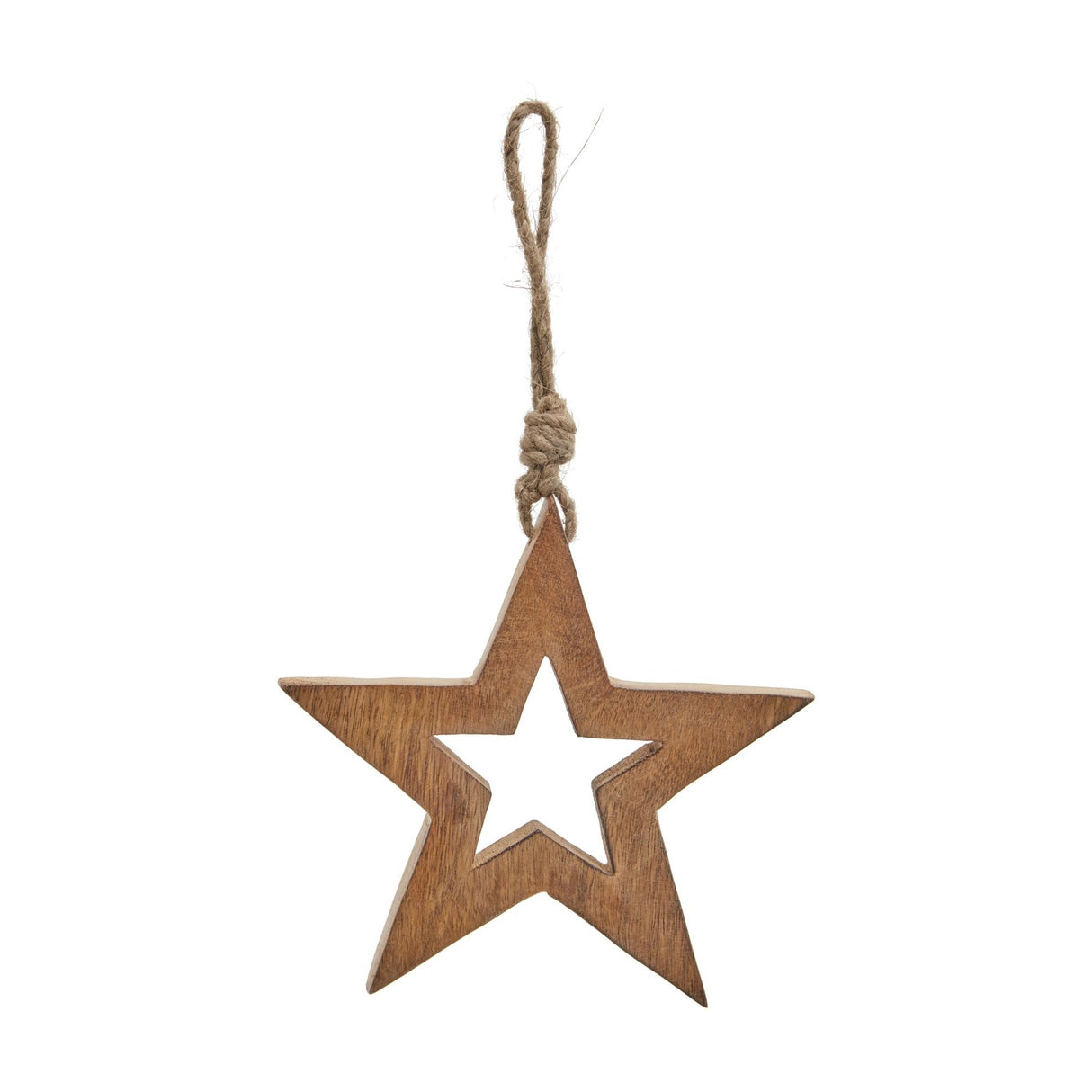 Hill Interiors Natural Wooden Hanging Star in beige with a cut-out centre and jute cord loop, shown against a plain white background.