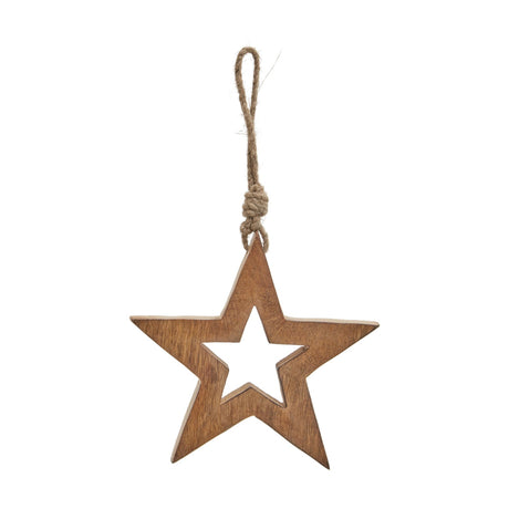 Hill Interiors Natural Wooden Hanging Star in beige with a cut-out centre and jute cord loop, shown against a plain white background.