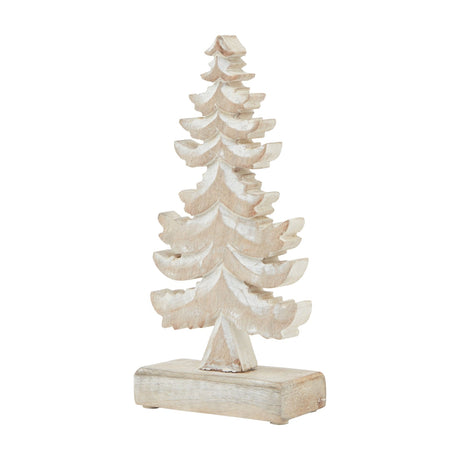 Hill Interiors wooden tiered fir tree decoration with carved layered branches and white wash finish over warm brown base, on a rectangular block stand.