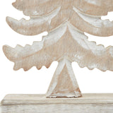 Close-up of Hill Interiors wooden tiered tree decoration showing carved fir tiers, white wash finish over warm brown grain, and freestanding base.