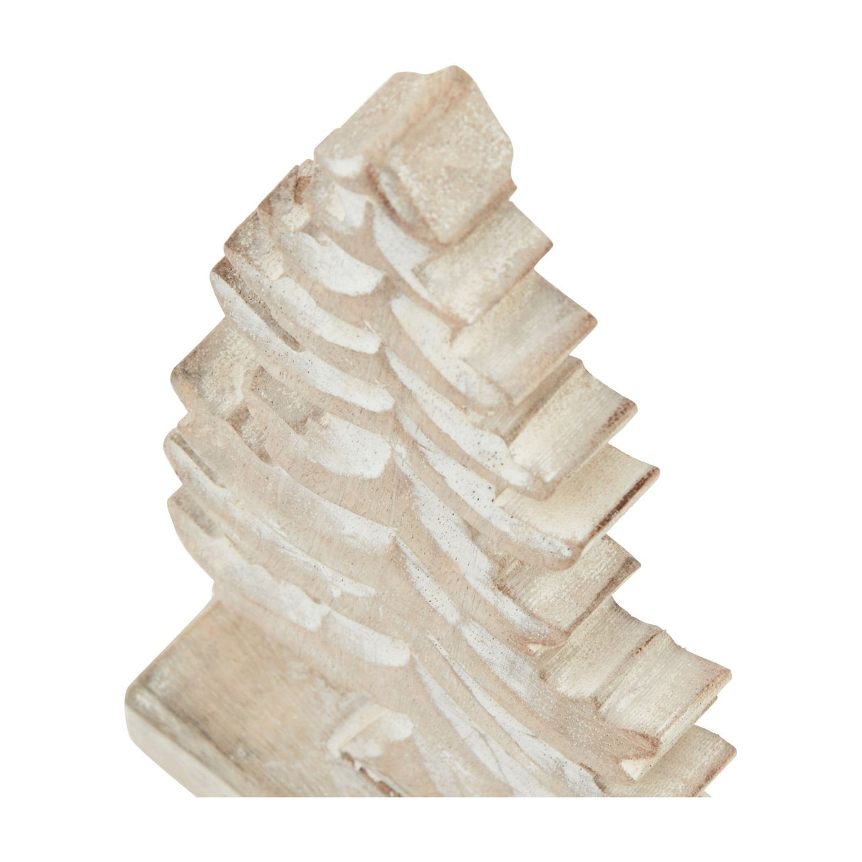 Close-up of Hill Interiors wooden tiered tree decoration showing carved stacked fir tiers with white wash finish over warm brown grain, on a white background.