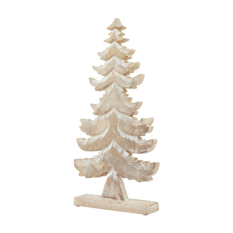Hill Interiors Large Tiered Wooden Tree Decoration in brown with white wash finish, layered branches on a rectangular base, shown on a plain background.