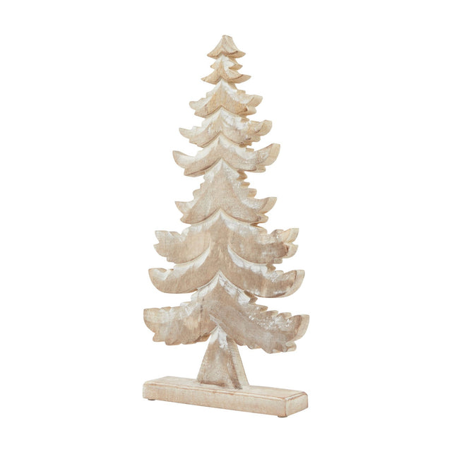 Hill Interiors Large Tiered Wooden Tree Decoration in brown with white wash finish, layered branches on a rectangular base, shown on a plain background.