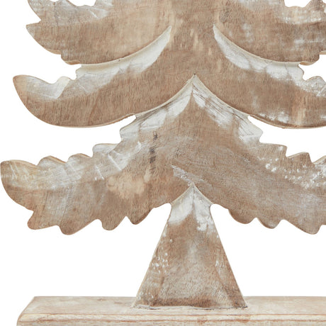 Close-up of Hill Interiors Large Tiered Wooden Tree Decoration in brown, showing layered branches with a white wash finish over natural wood grain.