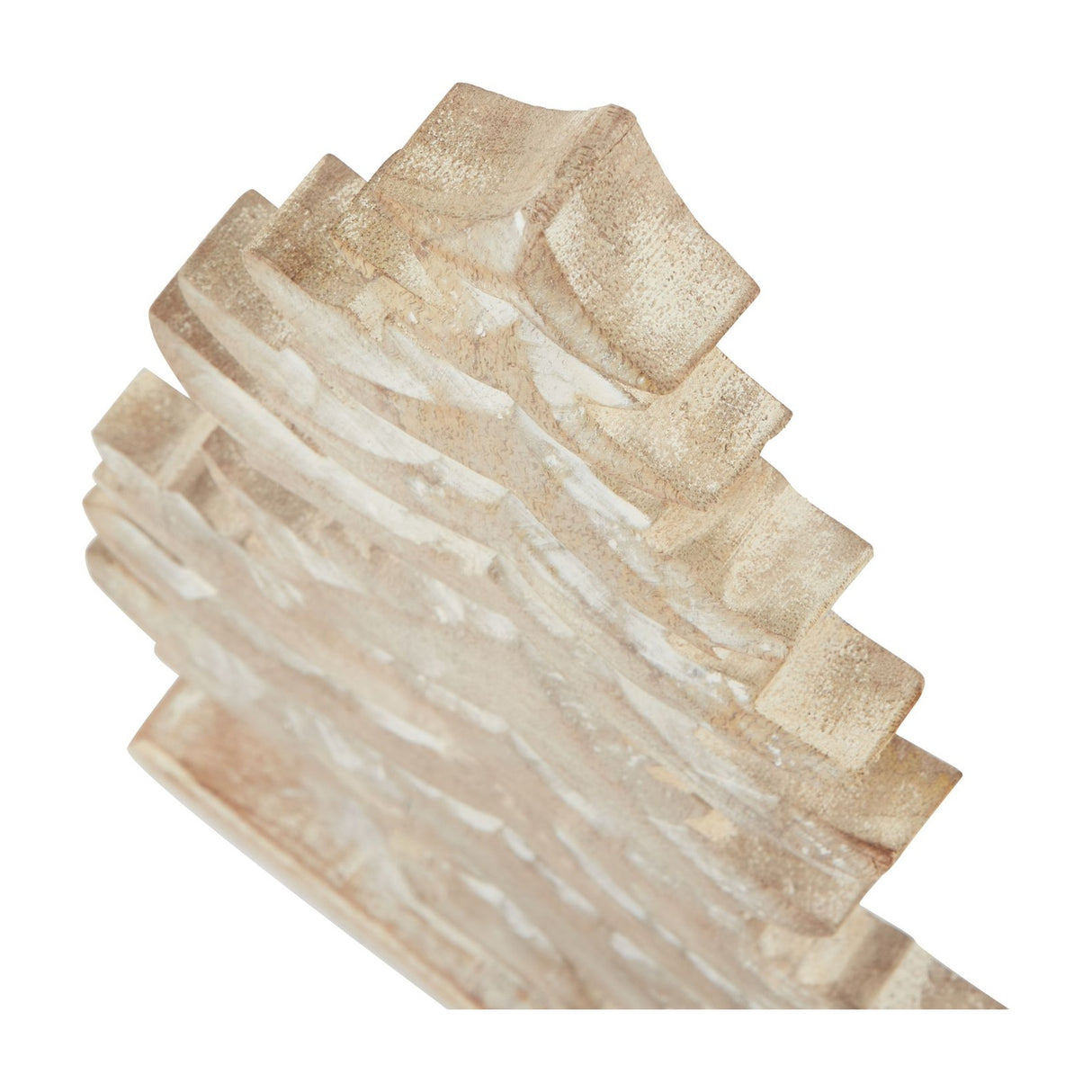 Close-up of the Hill Interiors Large Tiered Wooden Tree Decoration showing stacked wooden branches with a white wash finish over warm brown grain.
