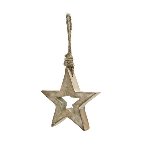Hill Interiors small wooden hanging star decoration with a white wash finish over brown grain and a jute cord loop, shown on a white background.