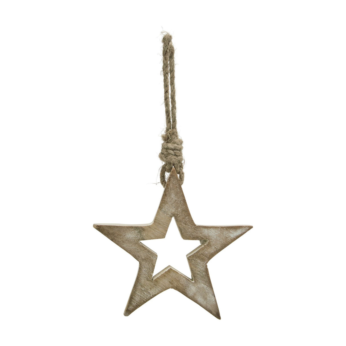 Hill Interiors small wooden hanging star decoration with a white wash finish over brown grain and a jute cord loop, shown on a white background.