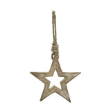 Hill Interiors small wooden hanging star decoration with a white wash finish over brown grain and a jute cord loop, shown on a white background.