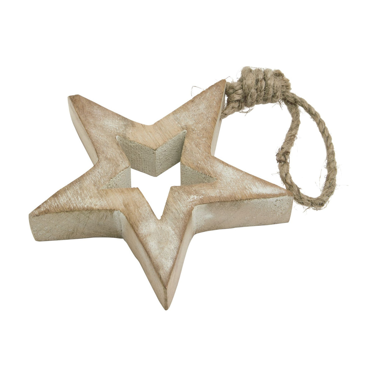 Hill Interiors small wooden hanging star decoration with white wash finish over brown grain and a twisted jute cord loop, on a white background.