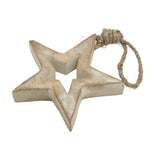 Hill Interiors small wooden hanging star decoration with white wash finish over brown grain and a twisted jute cord loop, on a white background.