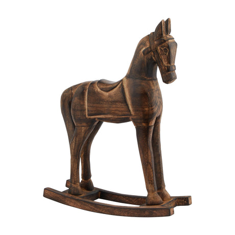 Hill Interiors wooden rocking horse decoration in beige with carved bridle, saddle detail and curved rocker base, shown on a plain white background.