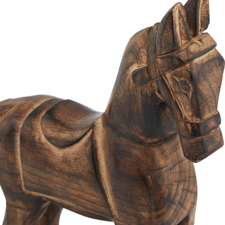 Close-up of Hill Interiors Wooden Rocking Horse Decoration in beige, showing the carved head, bridle detail and natural wood grain finish.