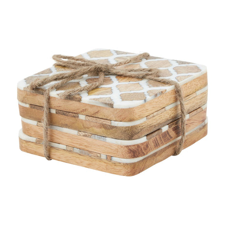 Hill Interiors set of four square wood coasters stacked and tied with jute twine, showing a white geometric pattern on top, against a white background.