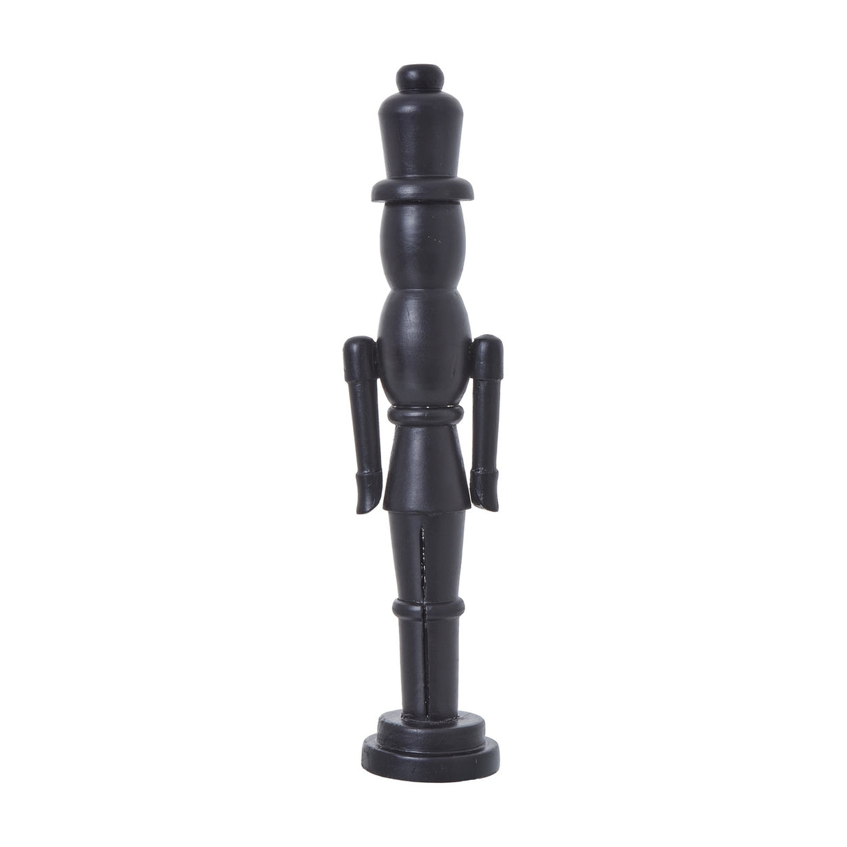 Hill Interiors Minimalist Wooden Nutcracker Decoration in matte black, a tall 50cm soldier figure with clean lines on a round base, shown on white.