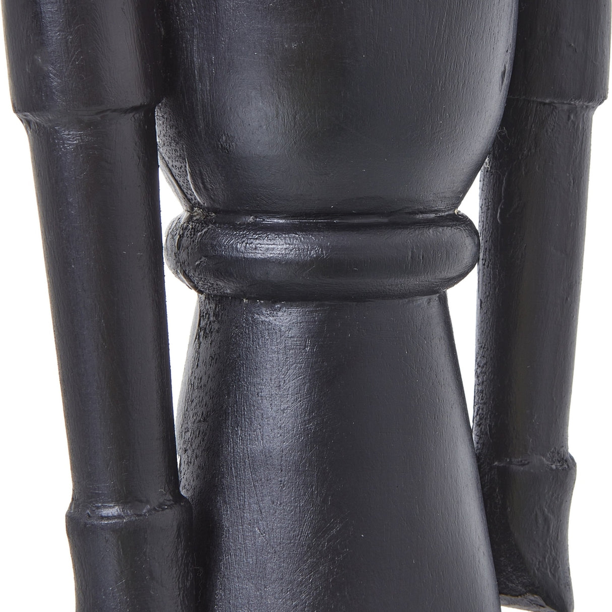 Close-up of the Hill Interiors Minimalist Wooden Nutcracker Decoration in black, showing the smooth matte torso, banded waist detail and slim arms.