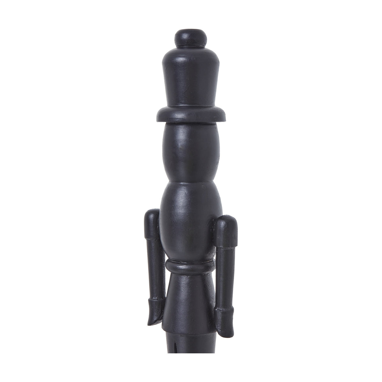 Side view of Hill Interiors matte black minimalist wooden nutcracker showing its upright soldier silhouette on a white background.