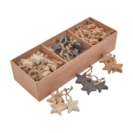 Hill Interiors pack of 90 wooden star hanging decorations in a compartmented box, showing natural and dark grey five-point stars with twine loops.