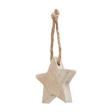 Hill Interiors wooden five-point star hanging decoration in warm brown with natural grain and twine loop, shown against a plain white background.