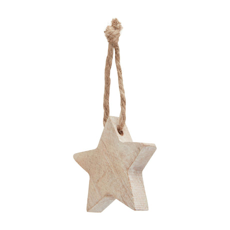Hill Interiors wooden five-point star hanging decoration in warm brown with natural grain and twine loop, shown against a plain white background.