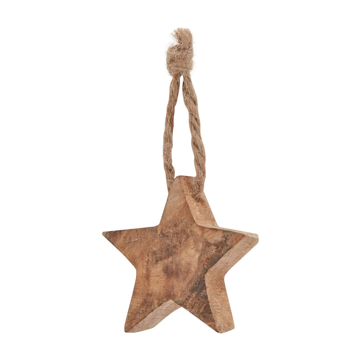 Hill Interiors wooden five-point star hanging decoration in natural brown with visible grain and a twisted jute loop, shown against a plain white background.