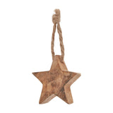 Hill Interiors wooden five-point star hanging decoration in natural brown with visible grain and a twisted jute loop, shown against a plain white background.
