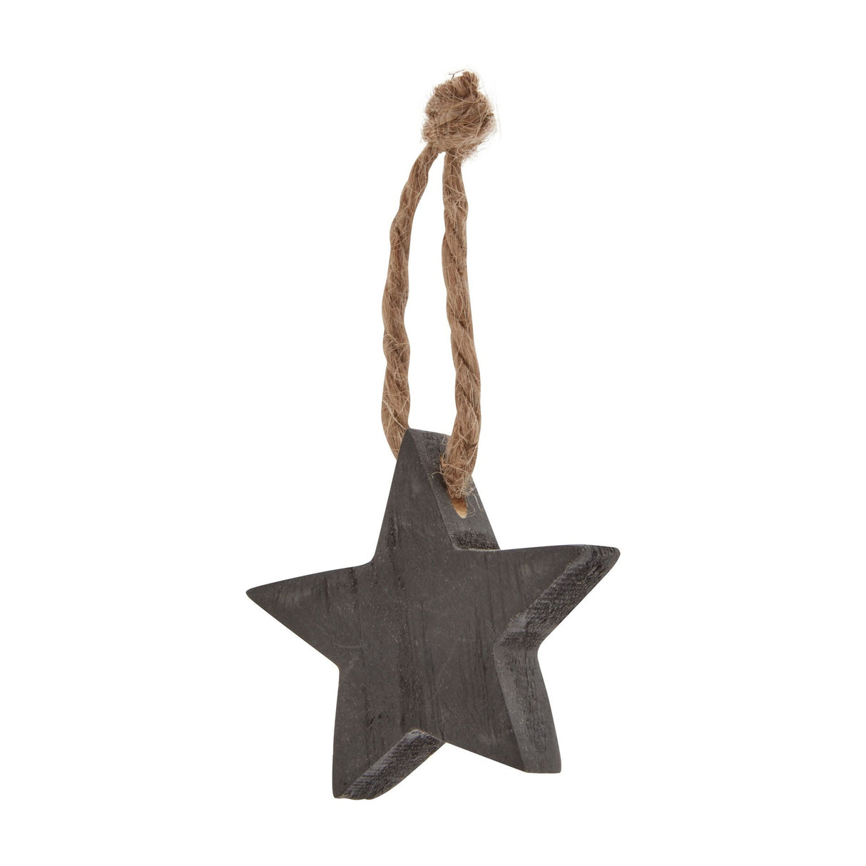 Hill Interiors wooden five-point star hanging decoration in dark brown with visible grain and a natural twine loop, shown on a plain white background.