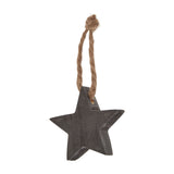 Hill Interiors wooden five-point star hanging decoration in dark brown with visible grain and a natural twine loop, shown on a plain white background.