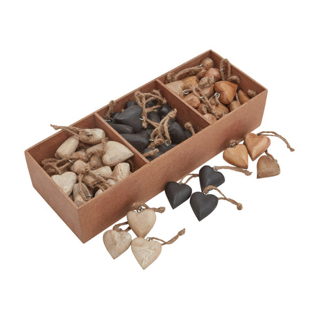 Hill Interiors pack of 90 wooden hanging hearts in natural and dark brown tones, displayed in a divided wooden box with jute loops.
