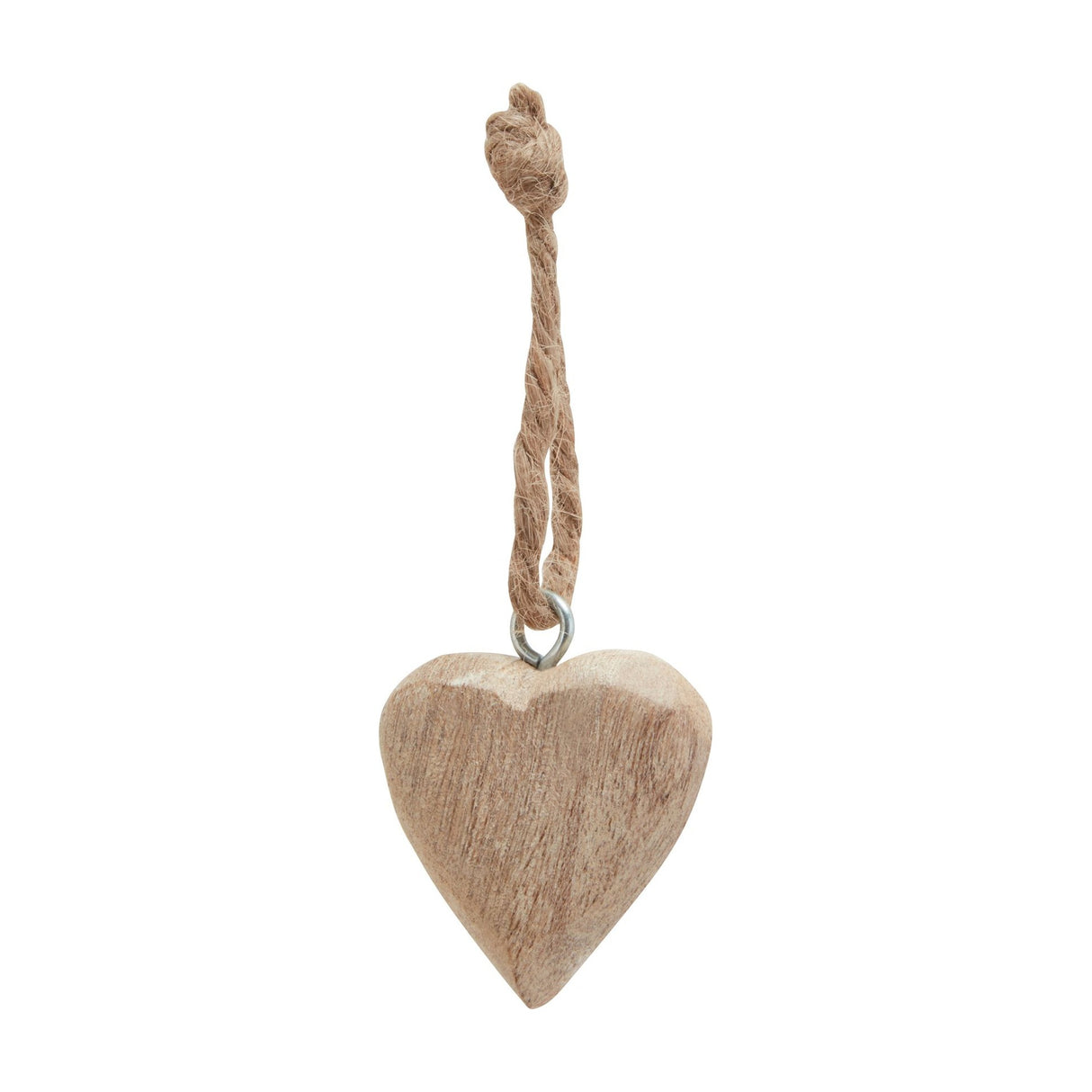 Hill Interiors wooden hanging heart from the pack of 90, carved in soft brown timber with visible grain and a jute loop, shown on a white background.