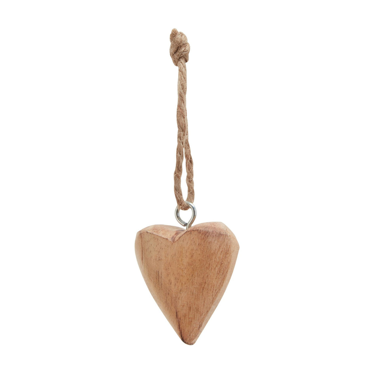 Hill Interiors wooden hanging heart in soft brown with visible grain, suspended from a twine loop and metal eyelet against a white background.
