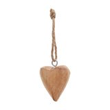 Hill Interiors wooden hanging heart in soft brown with visible grain, suspended from a twine loop and metal eyelet against a white background.