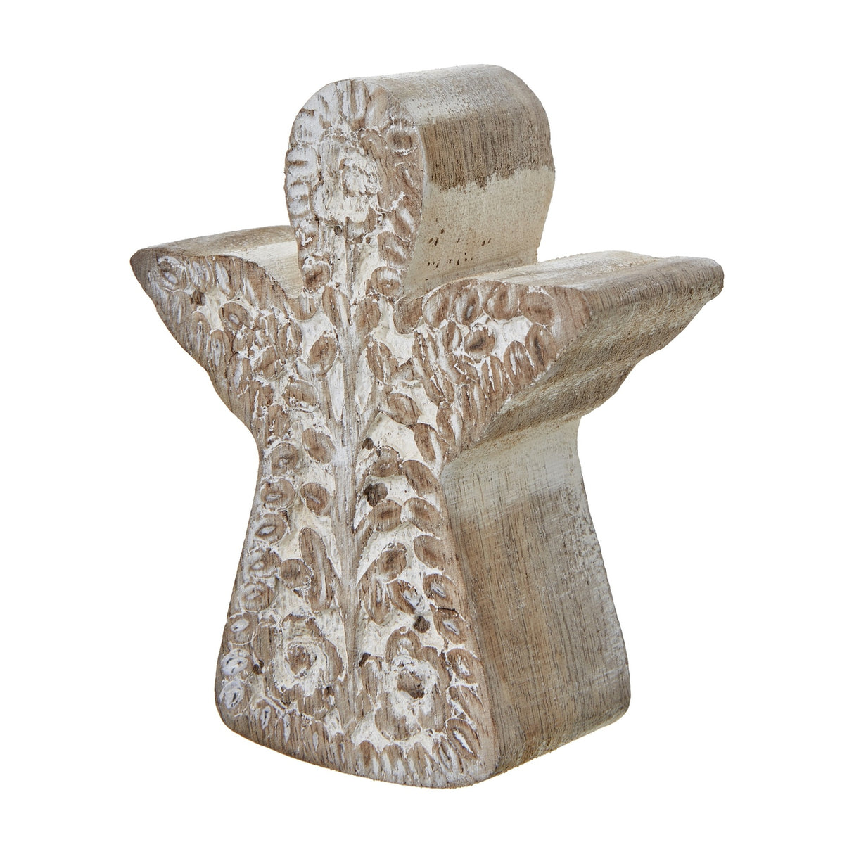 Hill Interiors Patterned Angel Wooden Decoration in brown with white wash finish, carved floral detailing and folded wings, shown on a plain background.